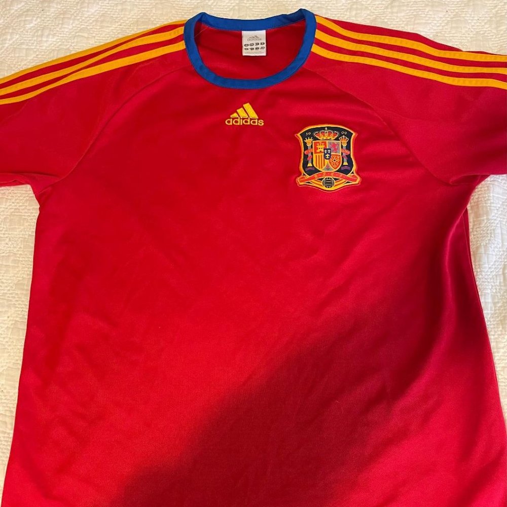 adidas Red Spain National Team Short Sleeve Soccer Jersey with Yellow Accents